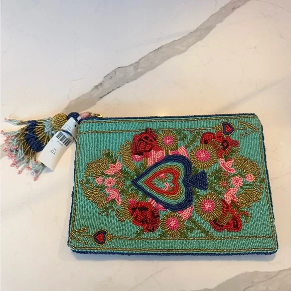 Anthropologie Beaded Clutch Pouch – Colorful Heart & Floral Design – NWT - Picture 1 of 5